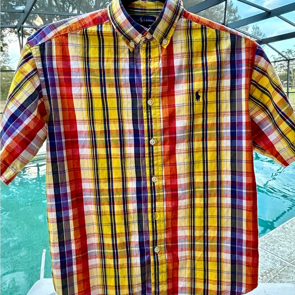 Ralph Lauren Boys size M, plaid short sleeve collared cotton casual dress shirt